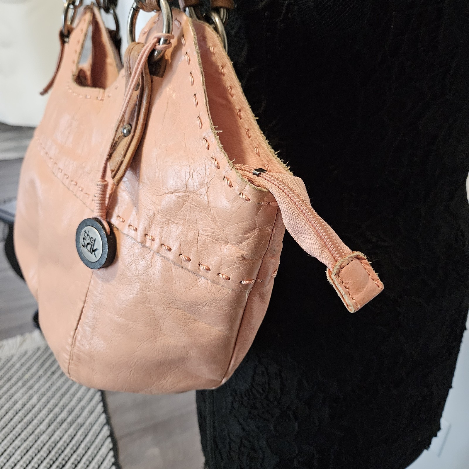 THE SAK 16″ Solid Pink Leather Bag Vintage Brown Strap Handbag Purse + Pockets