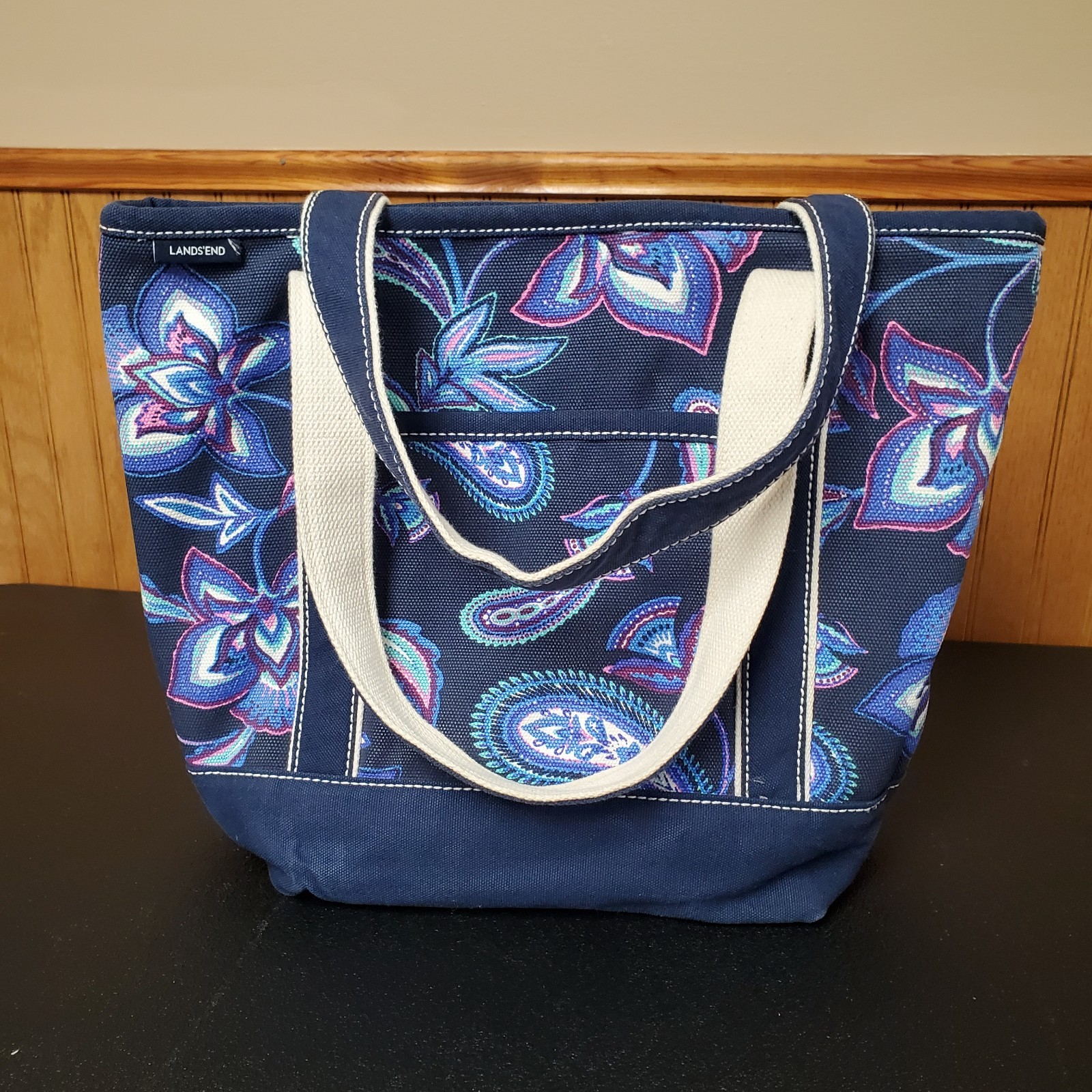 Lands’ End 5 Pocket Open Top Canvas Tote Bag 16×13 Navy Paisley