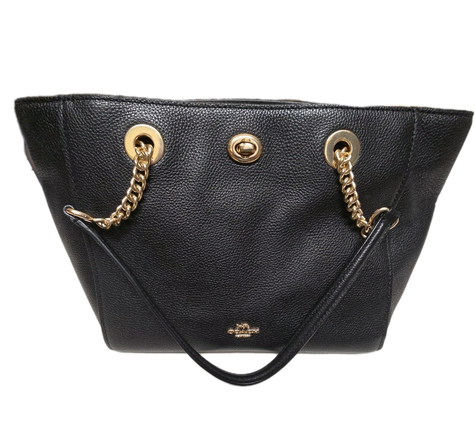 COACH Leather Shoulder Bag Turnlock Closure Chain Black Pebbled 57107