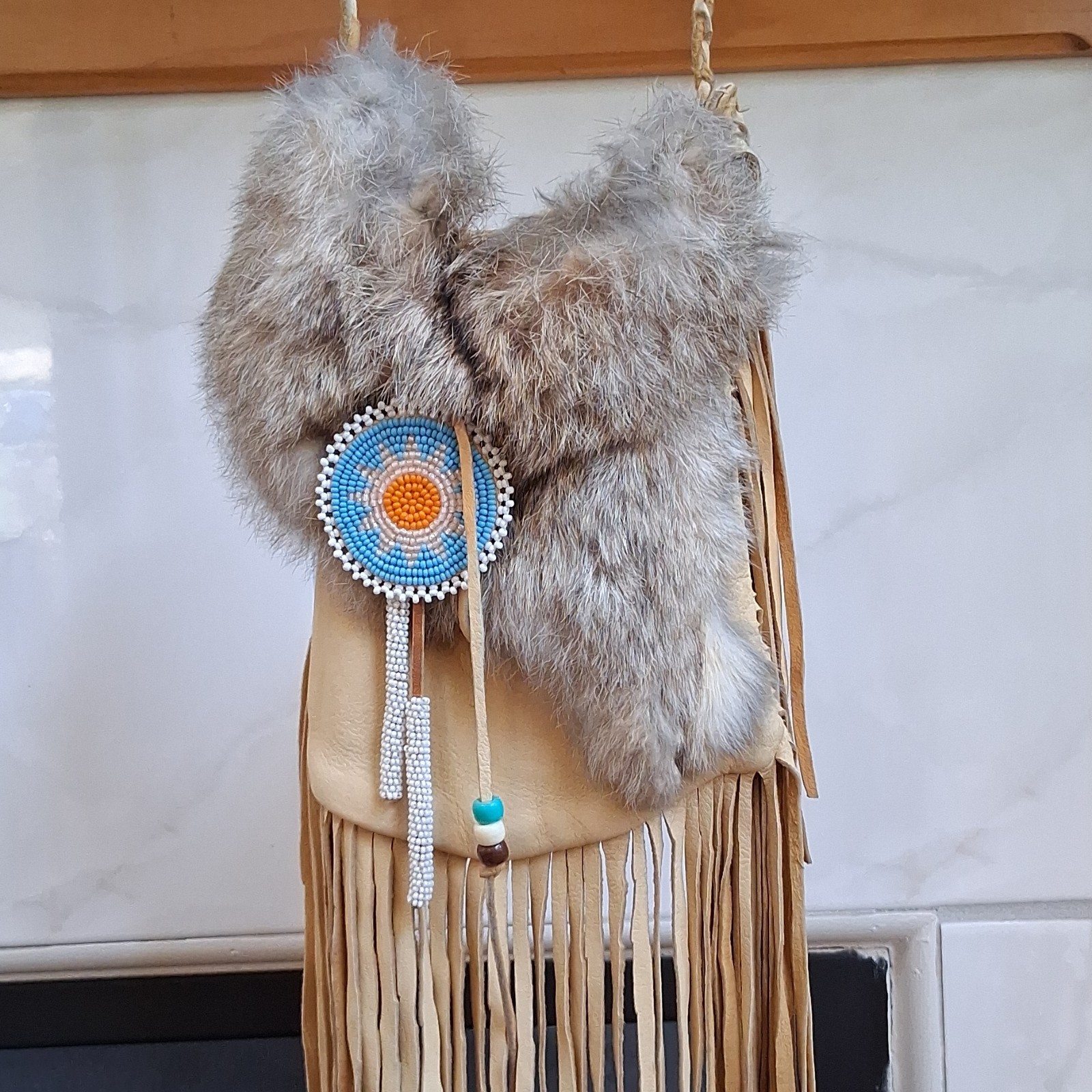Mid-Century Native American Doeskin Bag, Fringe, Beaded, Fur, Pouch 9×7
