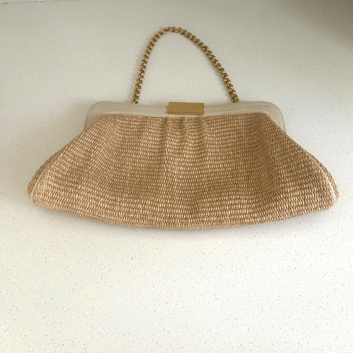 Perlina Natural Straw Purse with Taupe Leather Trim and Gold Chain Strap