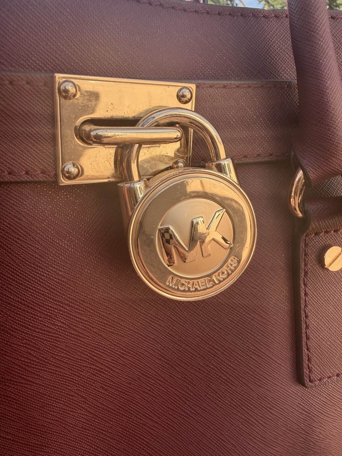 Michael Kors Large Burgundy Satchel Top Handle Padlock Chain Strap Gold Snap