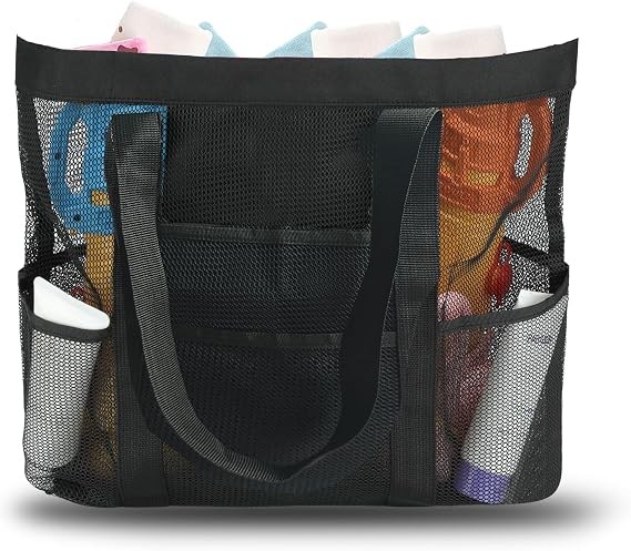 Large Mesh Beach Bag Family Tote with 9 Pockets Lightweight Durable Storage