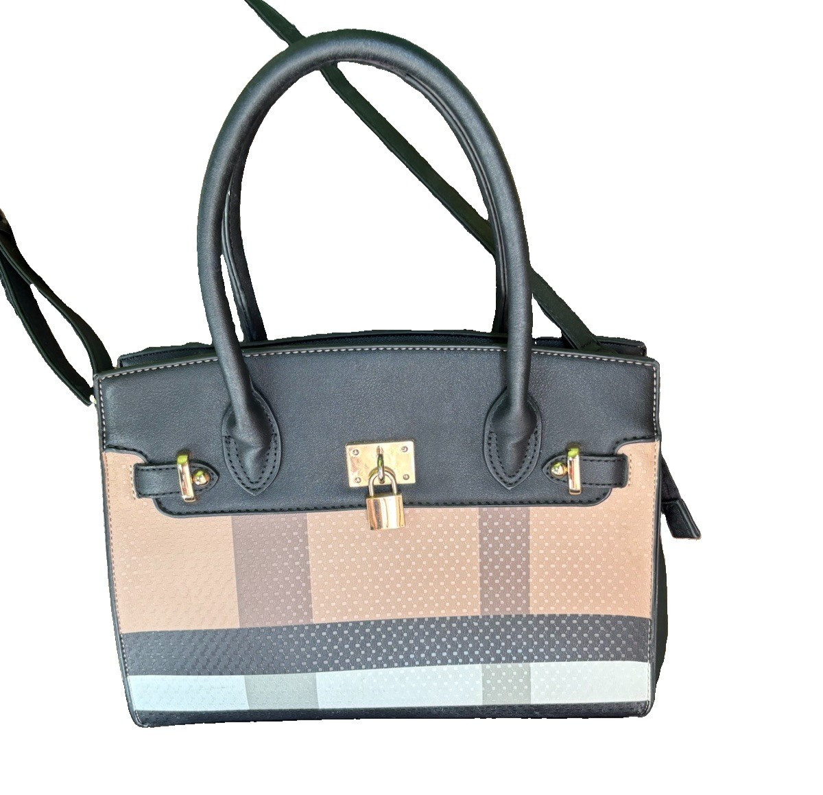 Textured PVC Handbag Tote preppy plaid style business casual neutral tones
