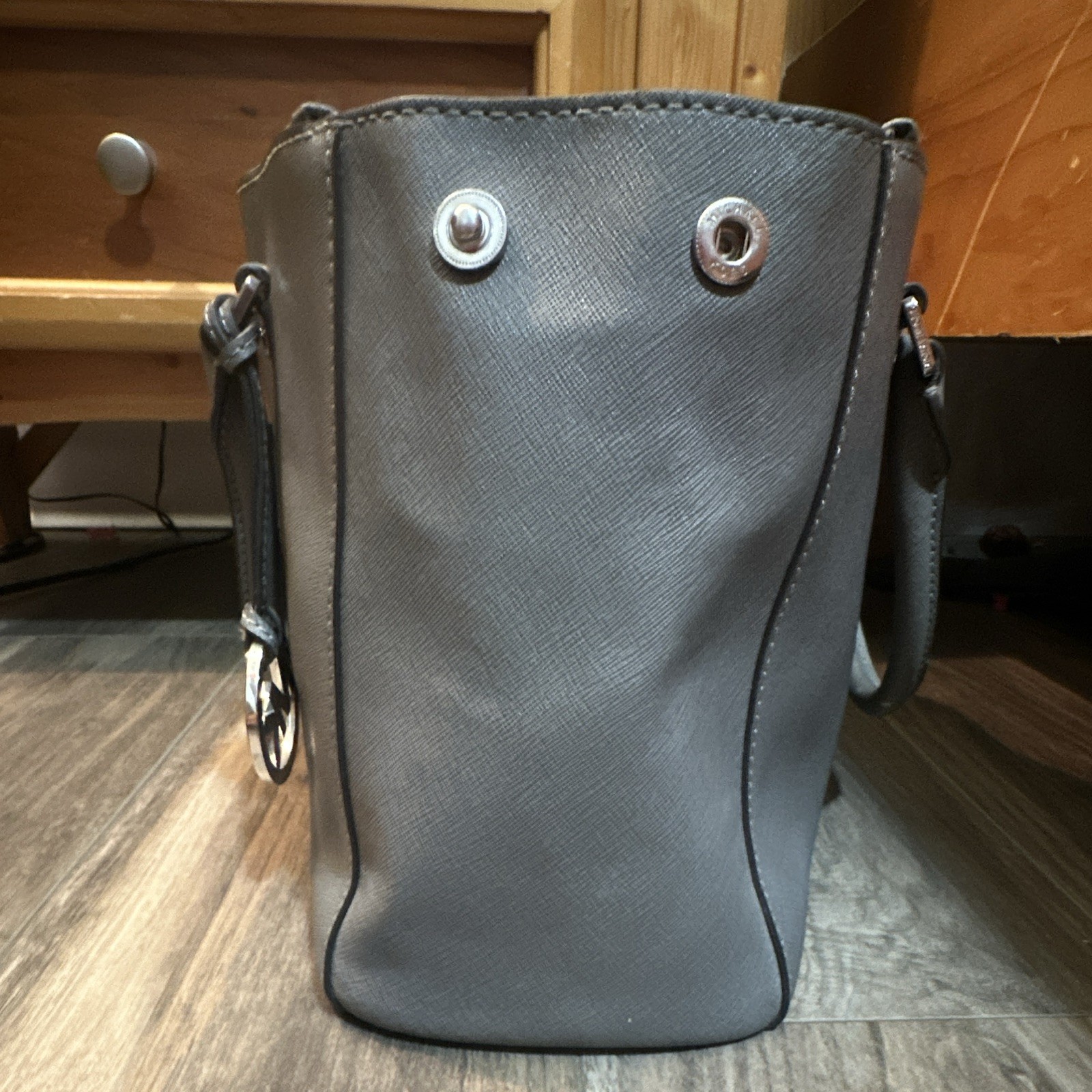 Michael Kors Gray Satchel Top Handle Bag Detachable Crossbody Strap Silver Zip