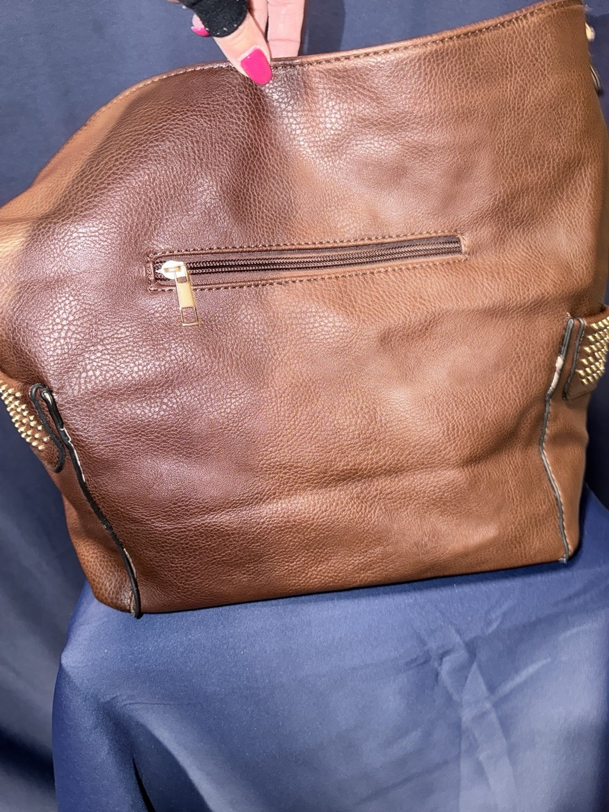 Large Brown Pebbled Satchel Top Handle Bag Zip Closure Studded Pockets Gold