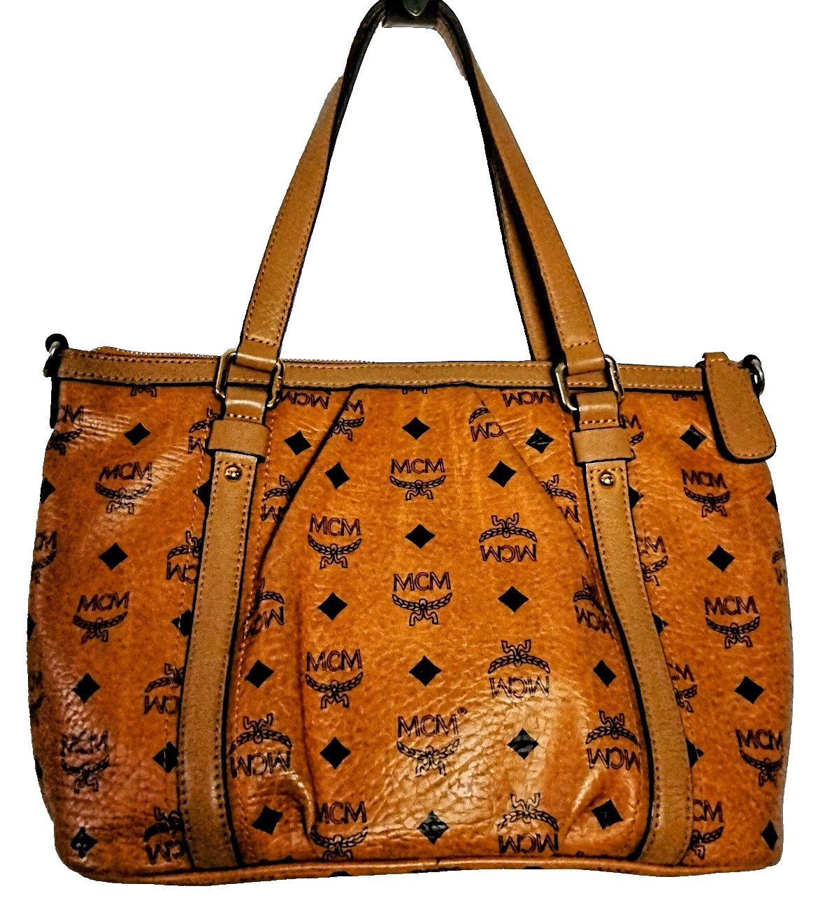 MCM Heritage Pleated Buckle Shoulder Bag Cognac Visetos 2-Way Tote Crossbody