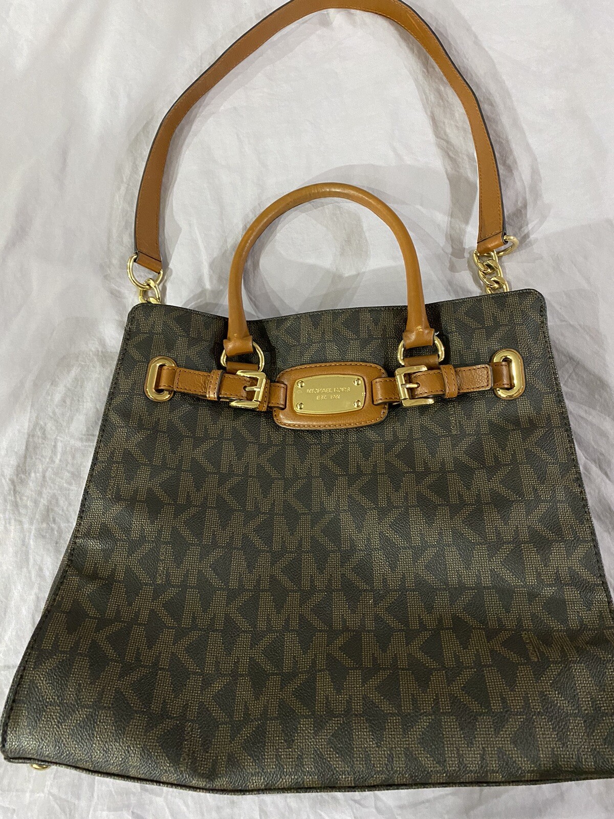 MICHAEL KORS HAMILTON SMALL SATCHEL SHOULDER CROSSBODY BAG MK SIGNATURE BROWN