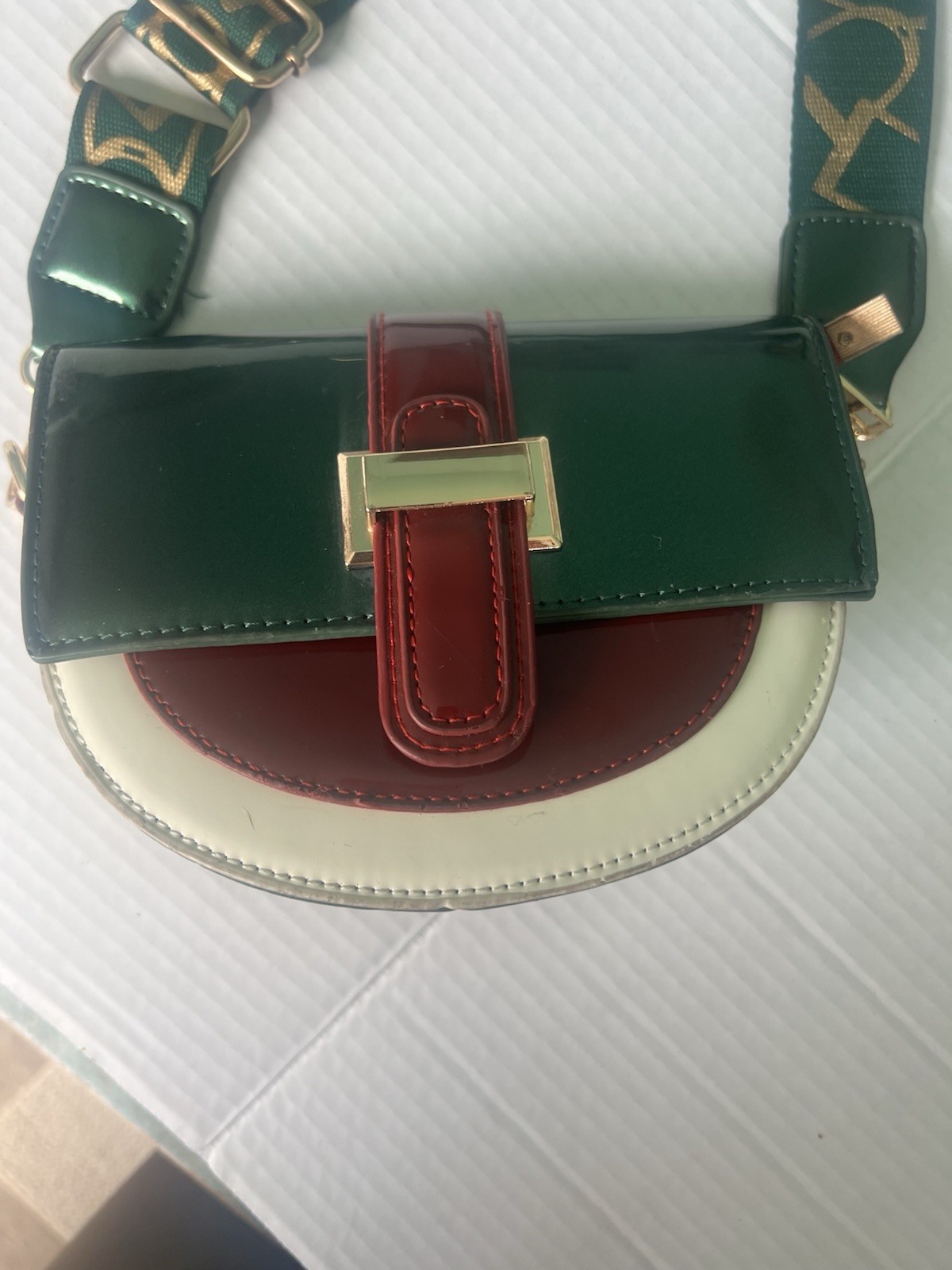 Green Red White Half Moon Crossbody Bag Logo Strap Buckle Gold Hardware Small