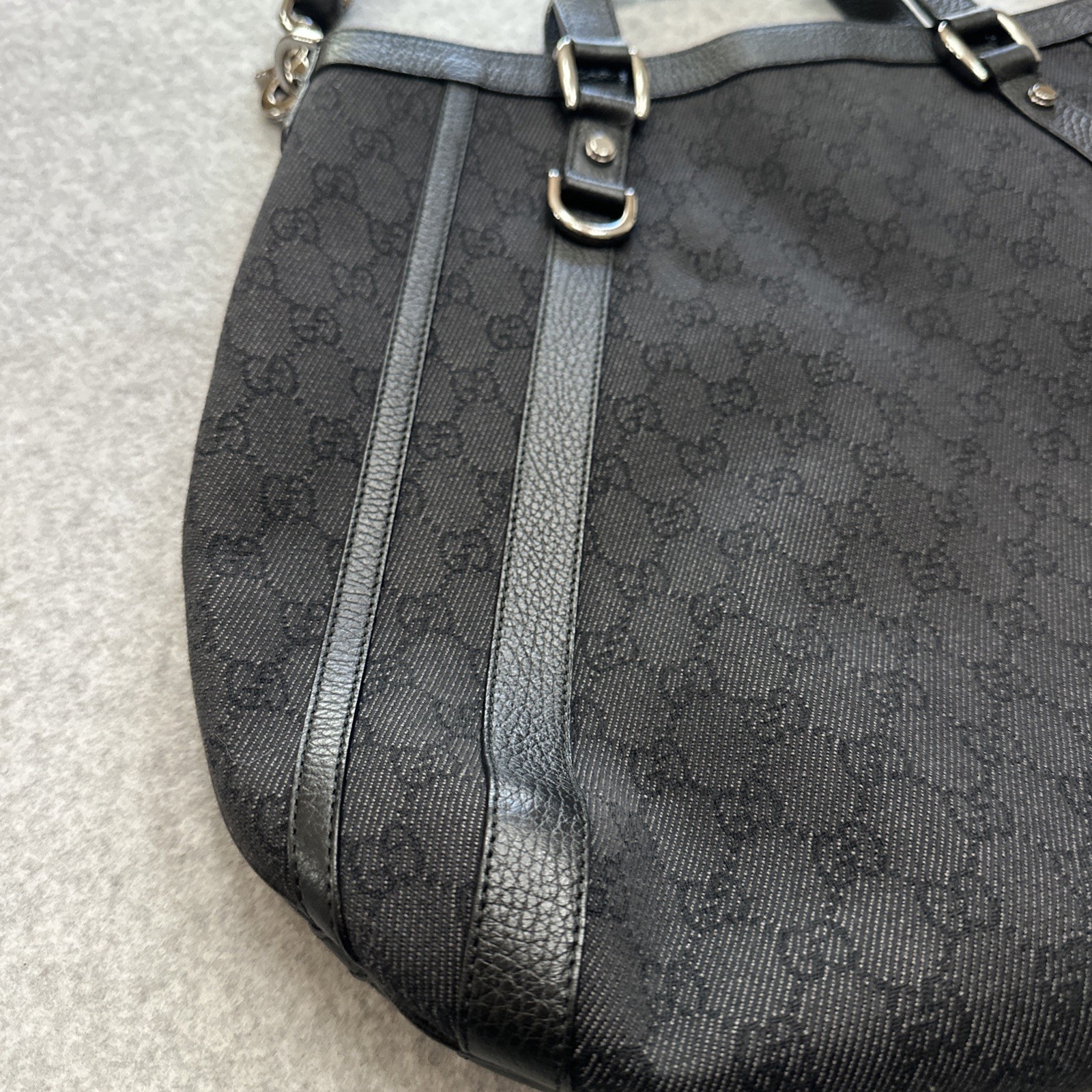 Gucci Two Way Black Abbey Monogram Canvas Tote Purse Bag