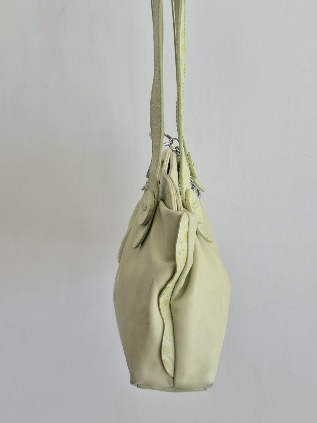 ROBERT PIETRI Spain Tea Green leather & Celery Green Croc Embossed Trim M Tote