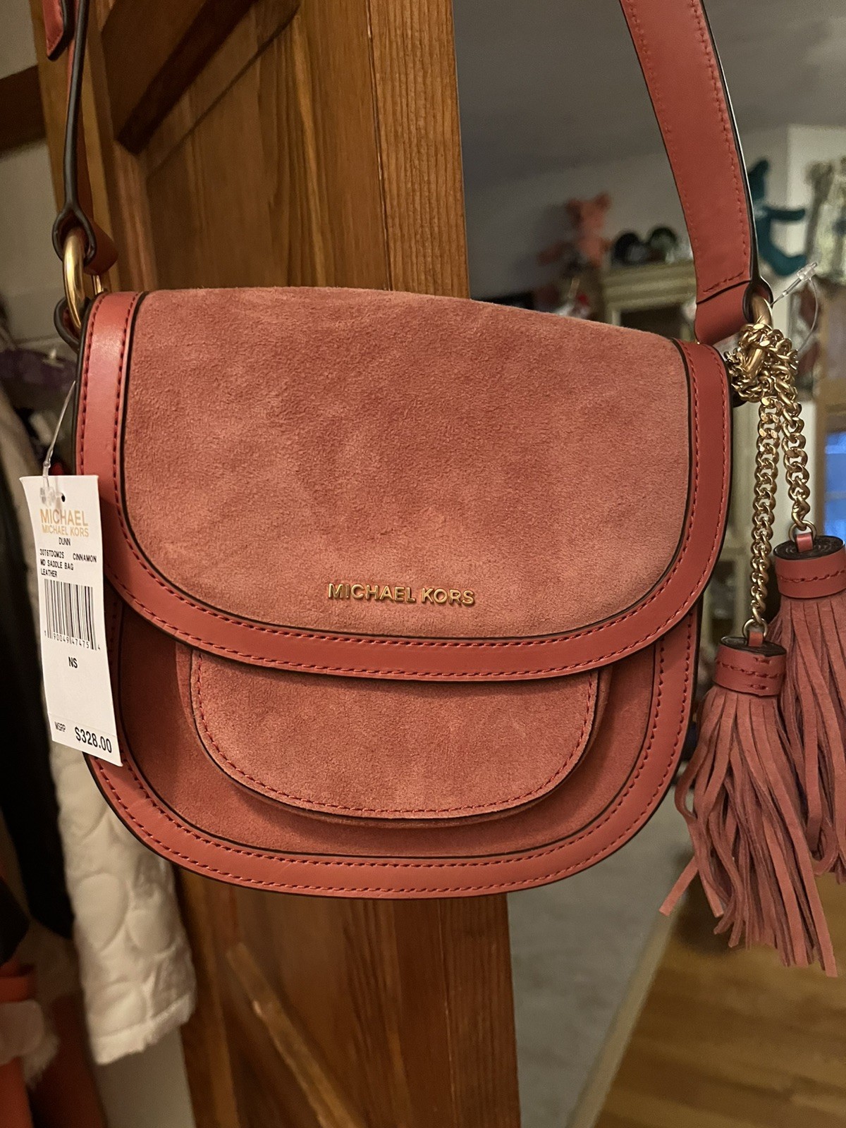 NWT MICHAEL KORS Dunn Burnt Sienna Saddle Bag Crossbody Leather Suede Tassel