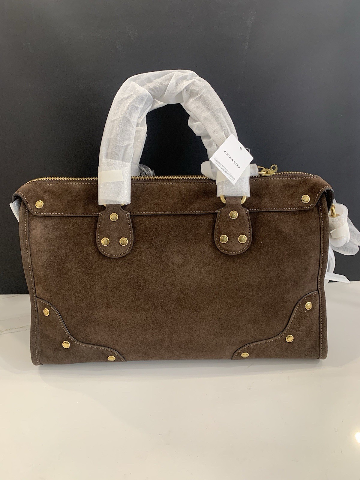 New Coach Rhyder Satchel Bag 38 Suede Brass Dark Chocolate CFN68