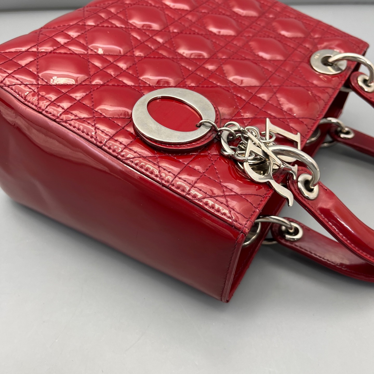 AUTH DIOR Lady Dior Medium Red Patent Leather Top Handle Bag.