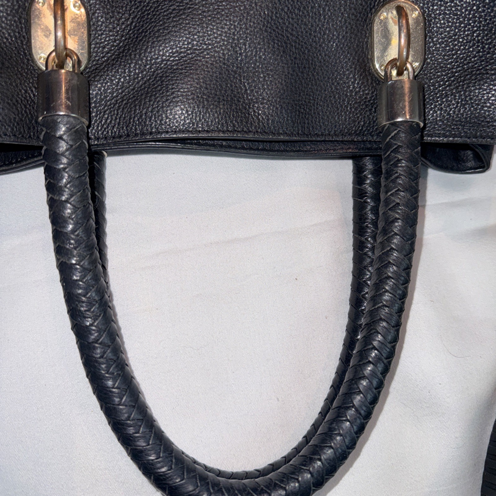 Cole Haan Benson Soft Black Pebbled Leather Tote Bag Braided Handles Purse