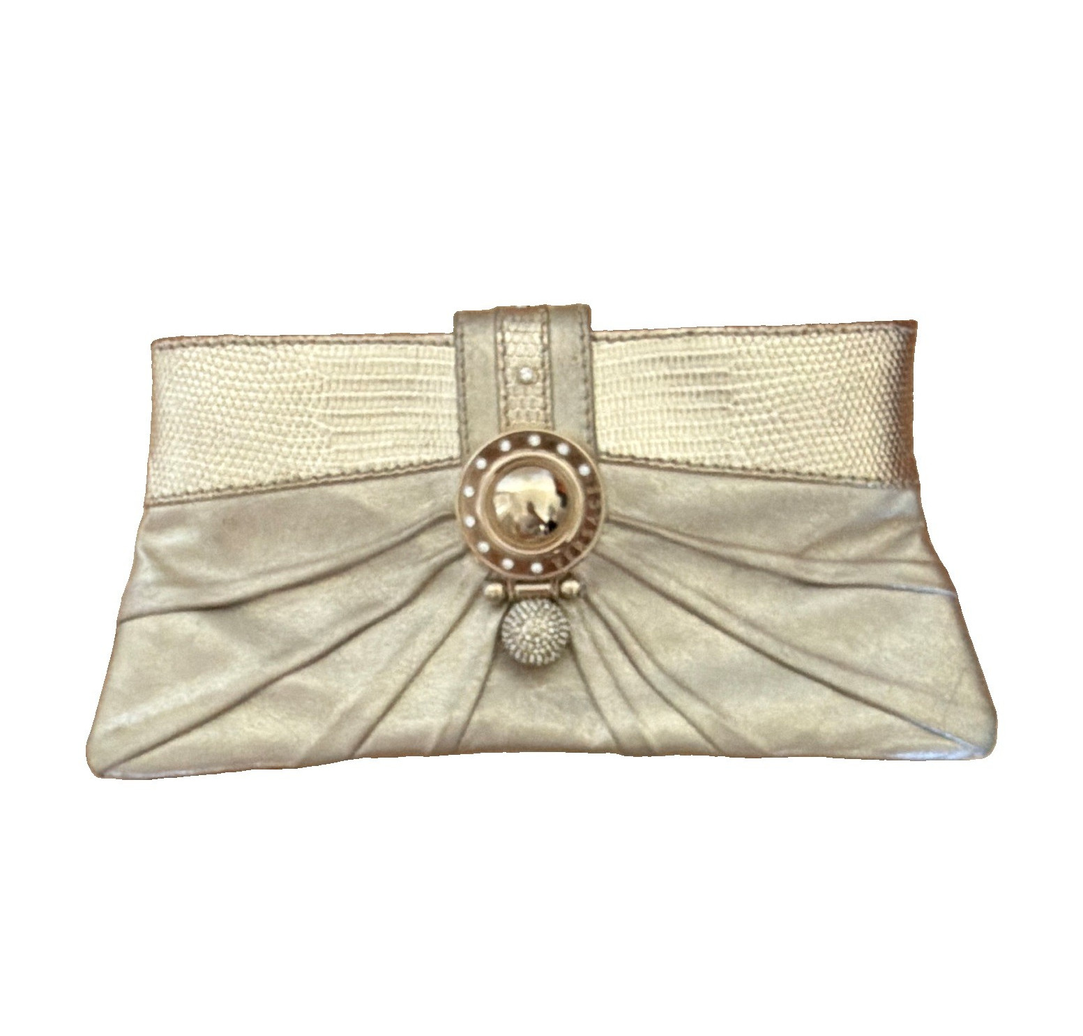 Rare Versace Metallic Gold Women’s Clutch with Crystal Accents, Clasp Closure