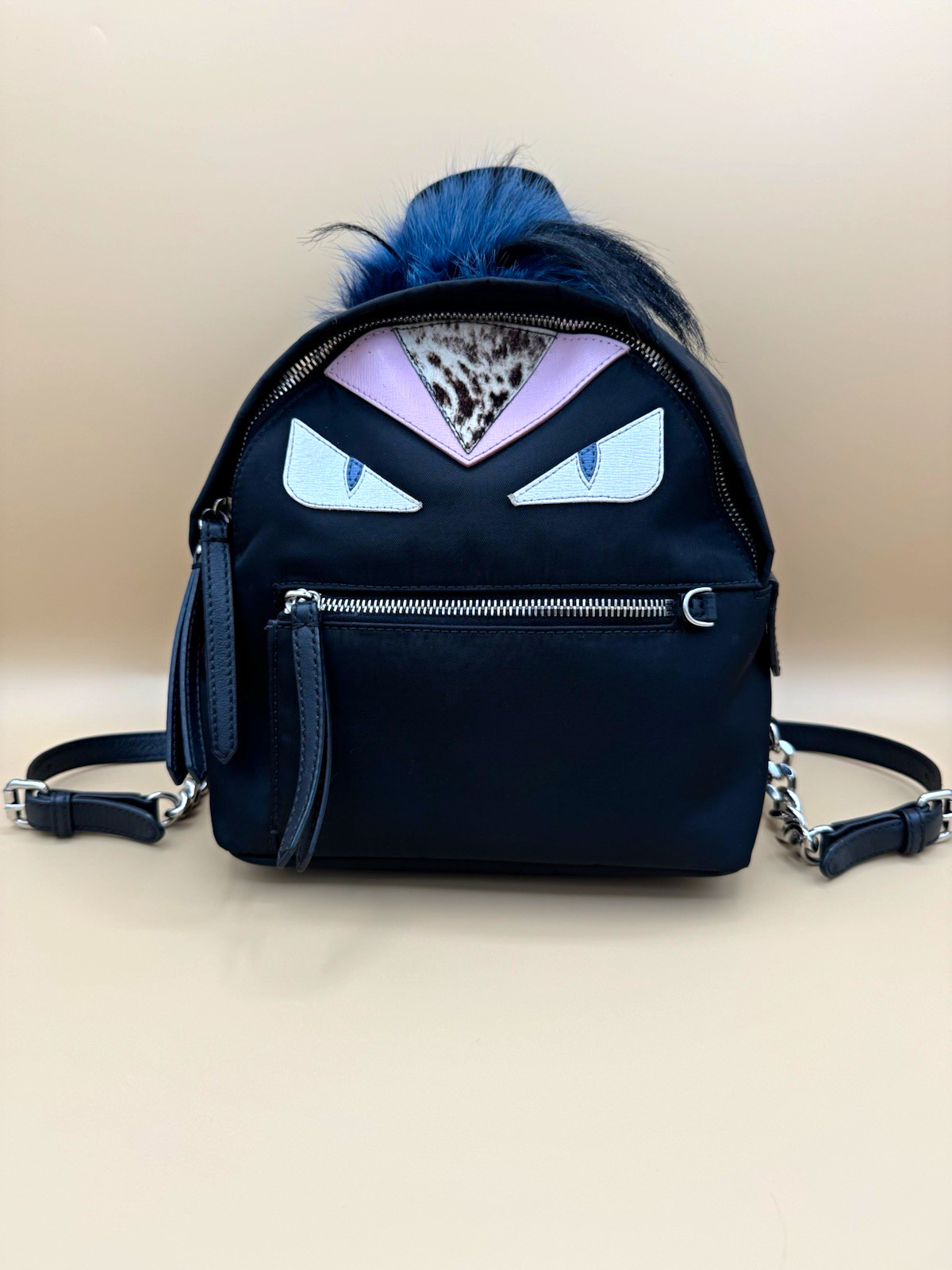 FENDI Bag Bugs Monster Eyes Mini Backpack Black Fur Trim Silver Hardware Zip