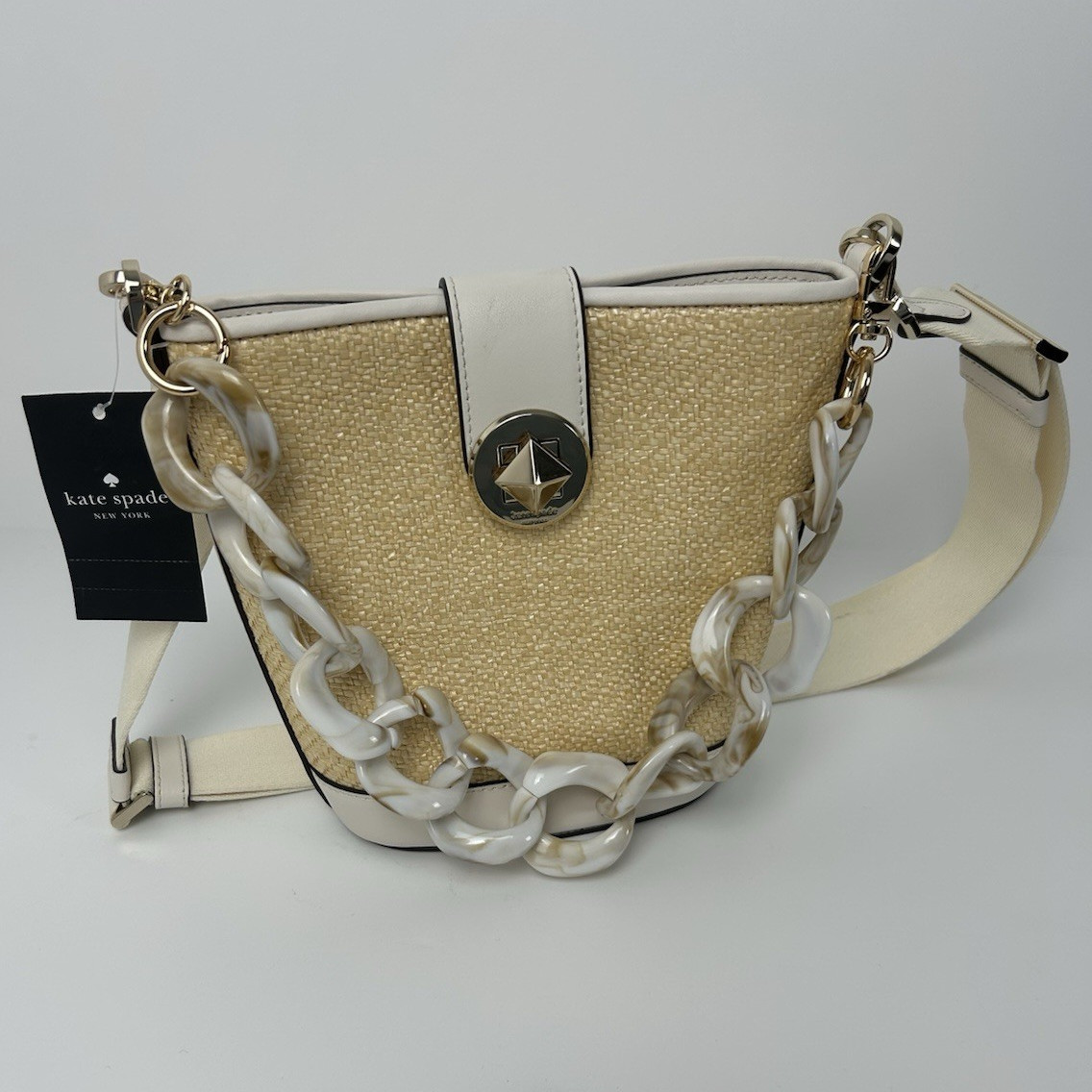 kate spade new york Mini Bucket Crossbody Beige/Ivory Turn Lock Chain Strap