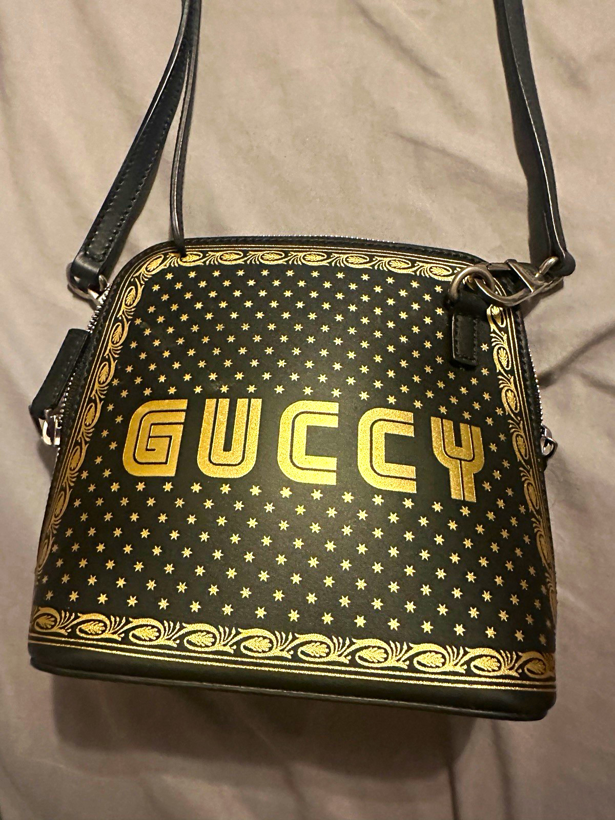 Gucci GUCCY Black/Gold Star Print Small Zip Crossbody Bag Adjustable Strap