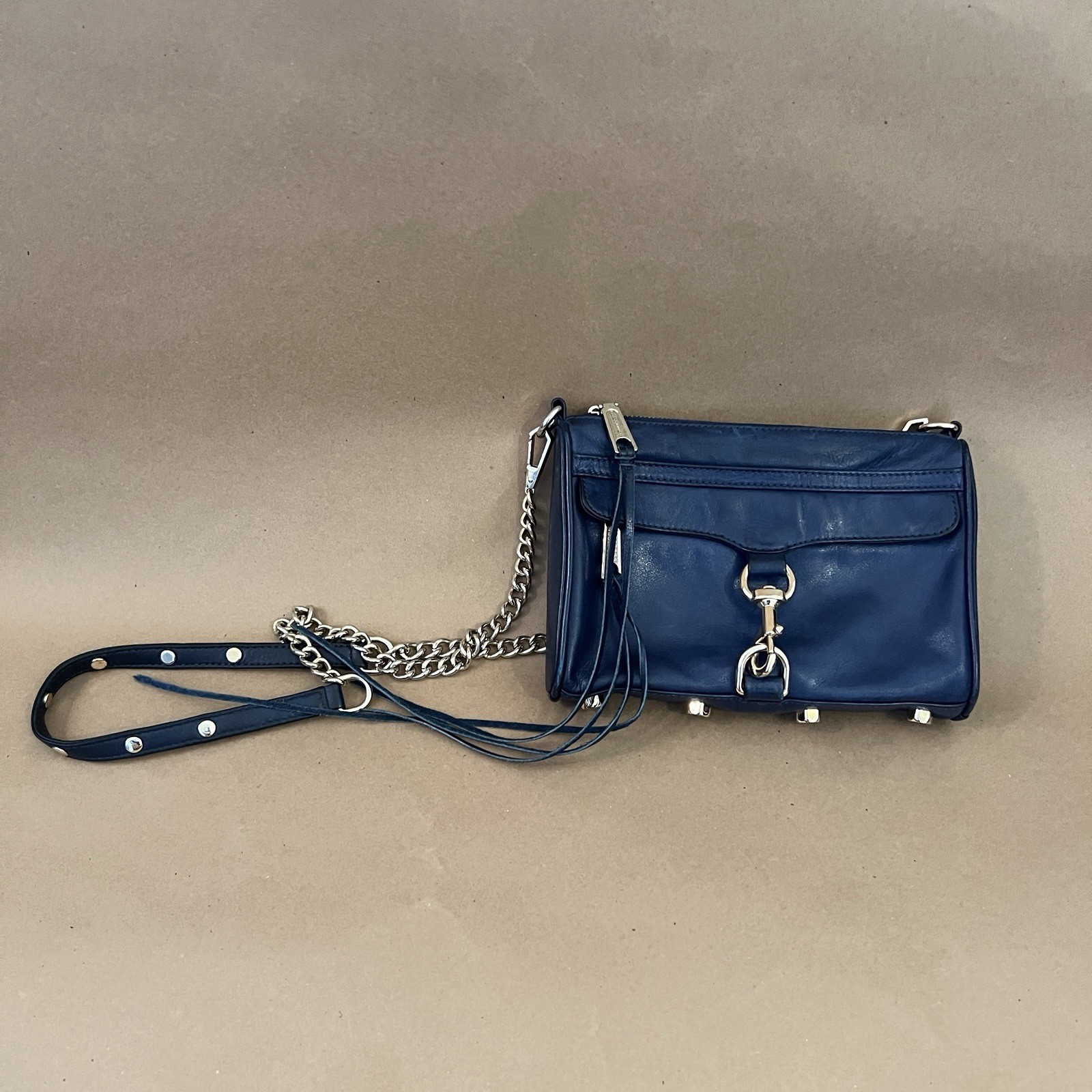 Rebecca Minkoff Mini Mac Navy Blue Leather Crossbody Shoulder Bag Gold Strap