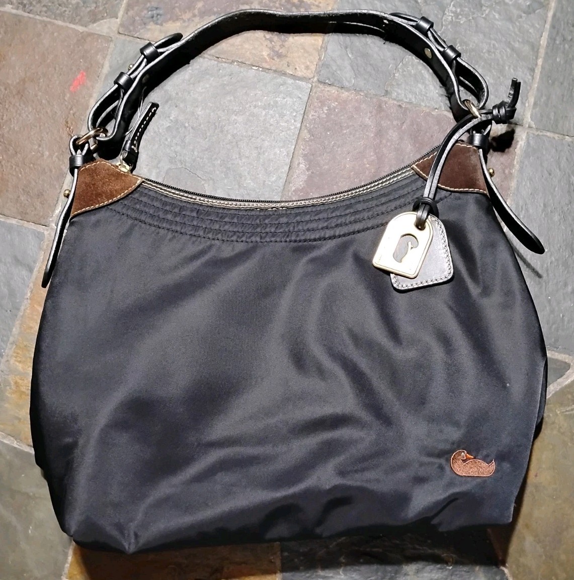 Dooney & Bourke Erica Hobo Bag Shoulder Tote Black Nylon Pink Int.Leather Strap