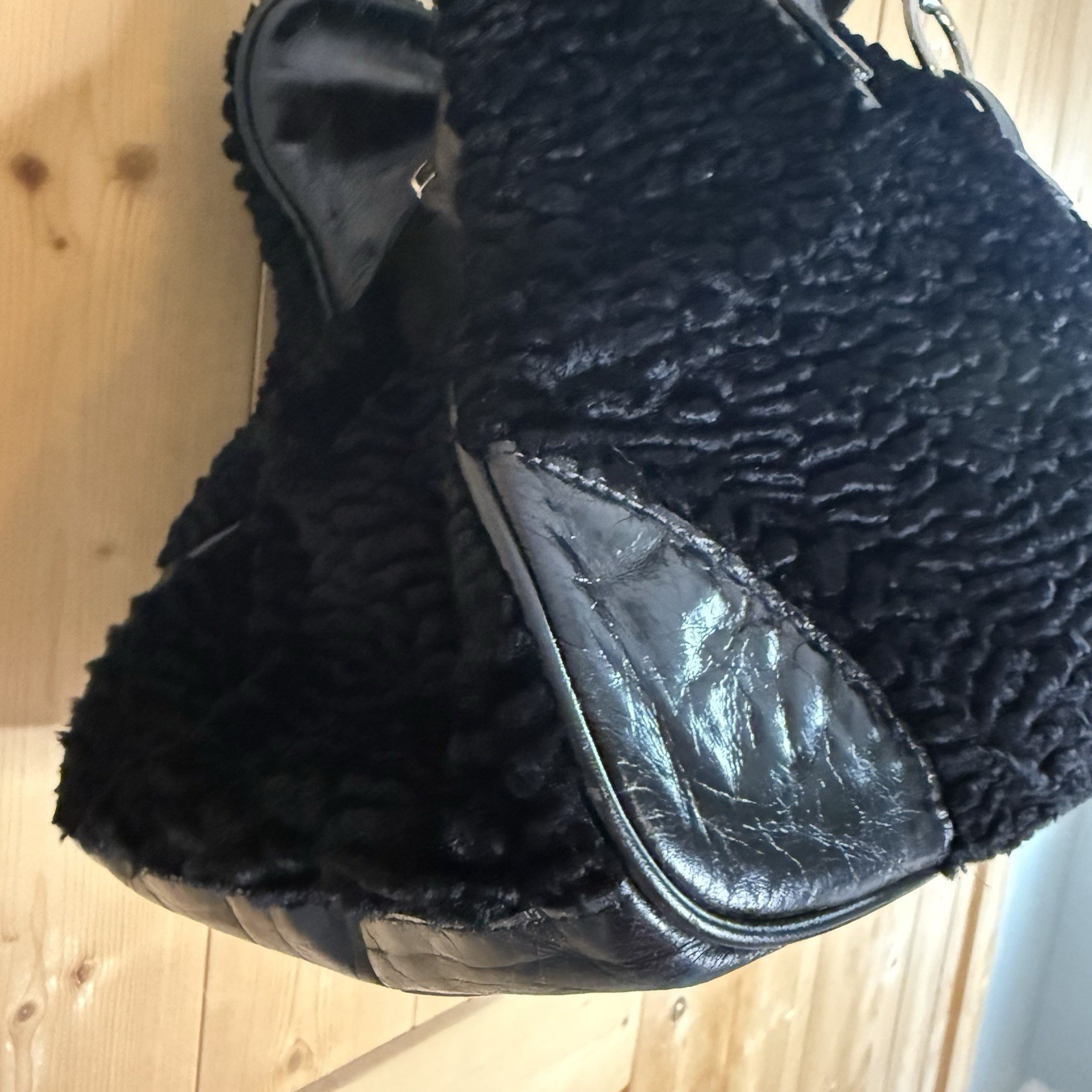 Extra Large Glenda Gies Chenille Leather Tote Bag weekender 17x12x8 In Black