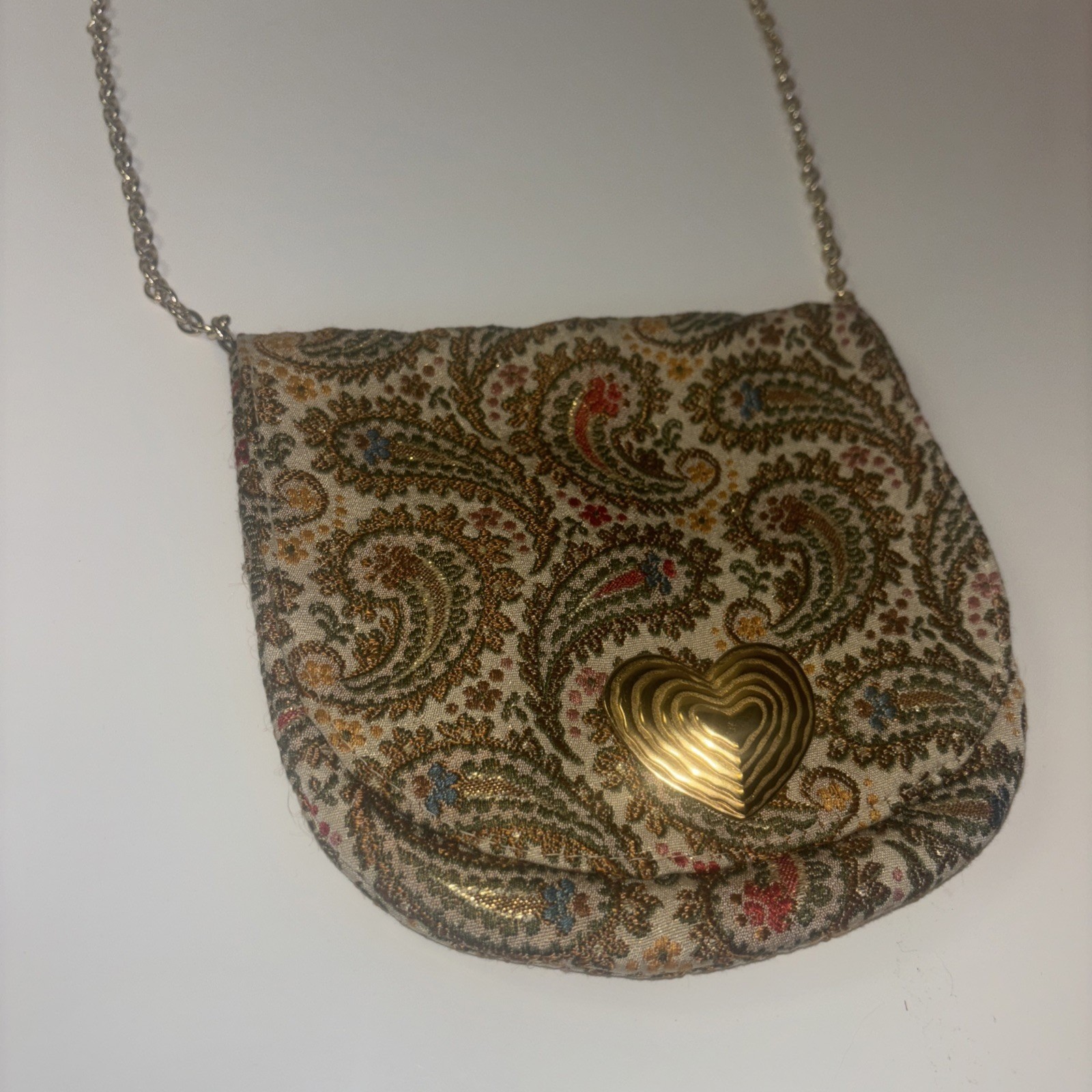 Mister Simon Ernest Italy Vintage Paisley Tapestry Heart Chain Shoulder Bag