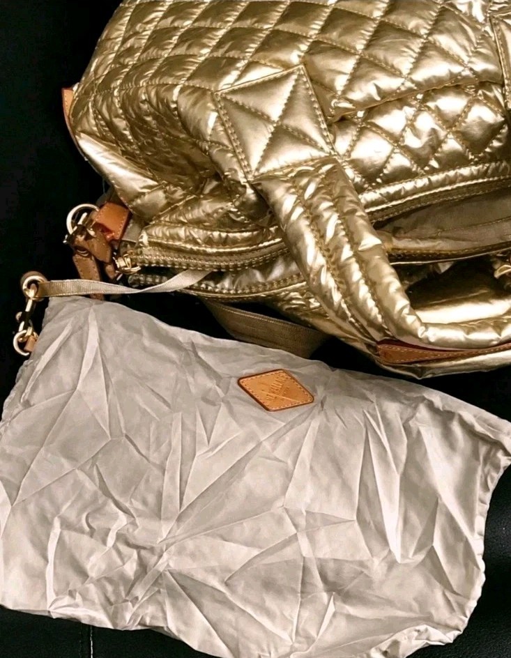 MZ Wallace Small Metro Top Handle Tote Metallic Gold Quilted Nylon Crossbody Bag