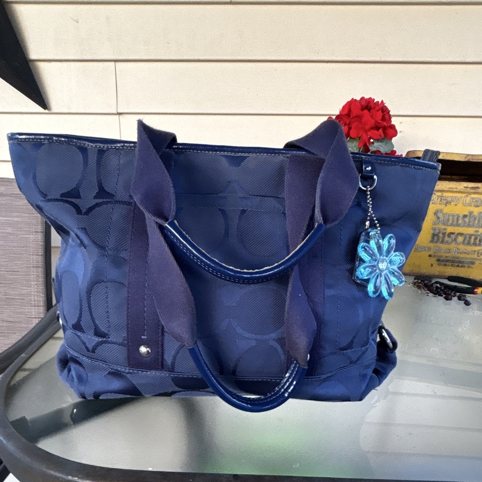 Coach Blue Signature Logo Zip Top Tote Bag w/ Charm, Lined Inner Pockets