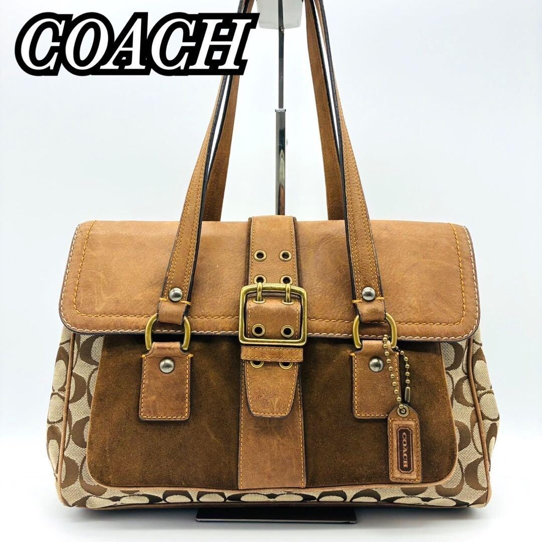 Coach Soho Signature Canvas Leather Brown Shoulder Tote Bag Gold Buckle 34cm