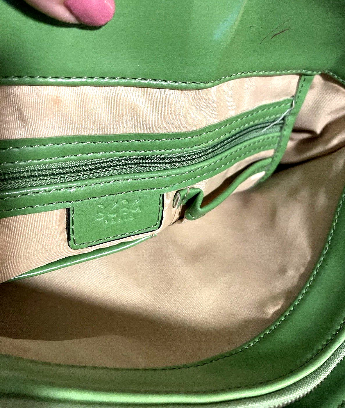 BCBG PARIS Apple Green Faux Leather Suede Trim 3 Section Shoulder Handbag FAB