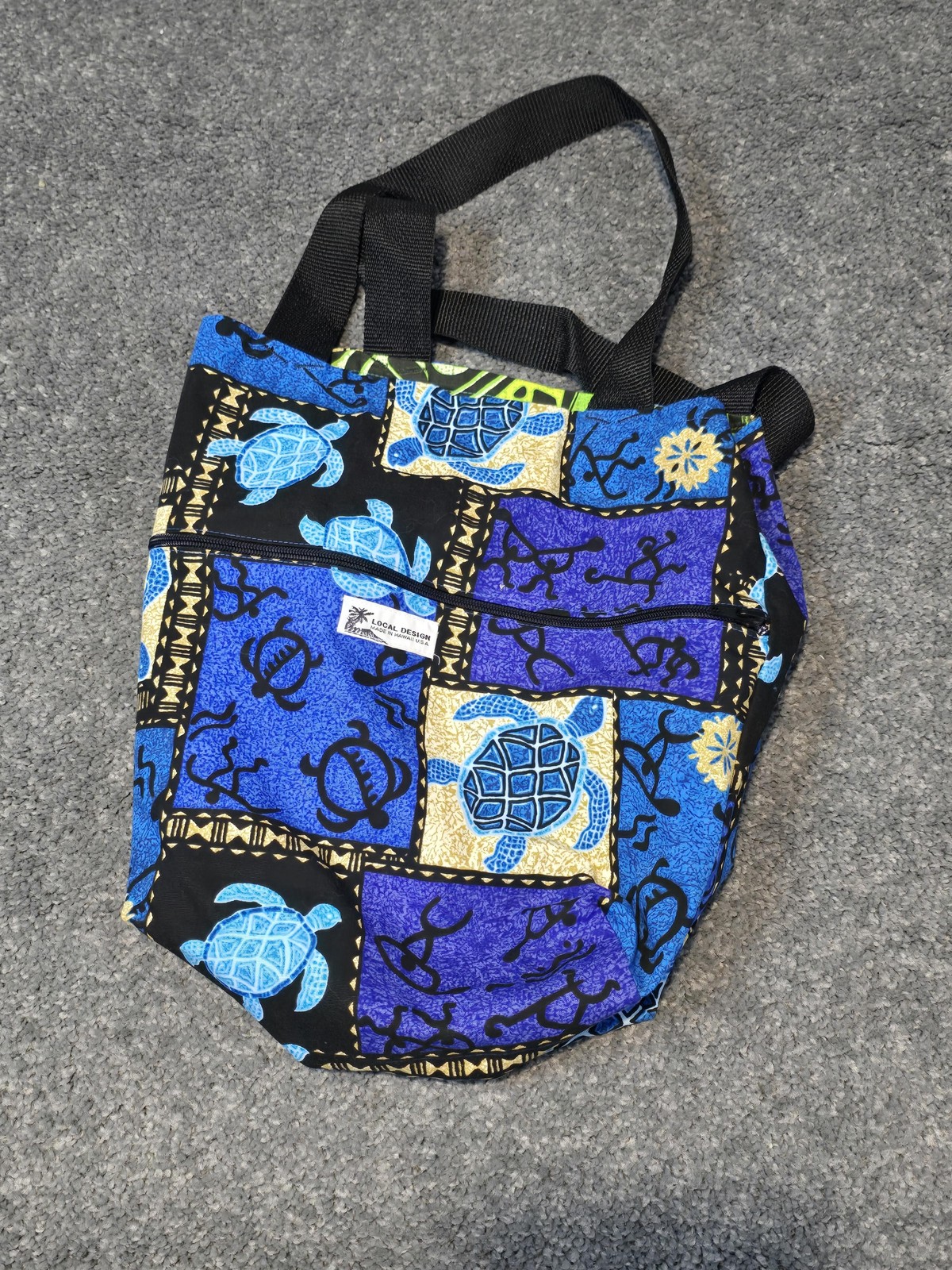 Local Design Tote Bag Blue Green Hawaiian Turtle Print Reversible Zip Pocket USA