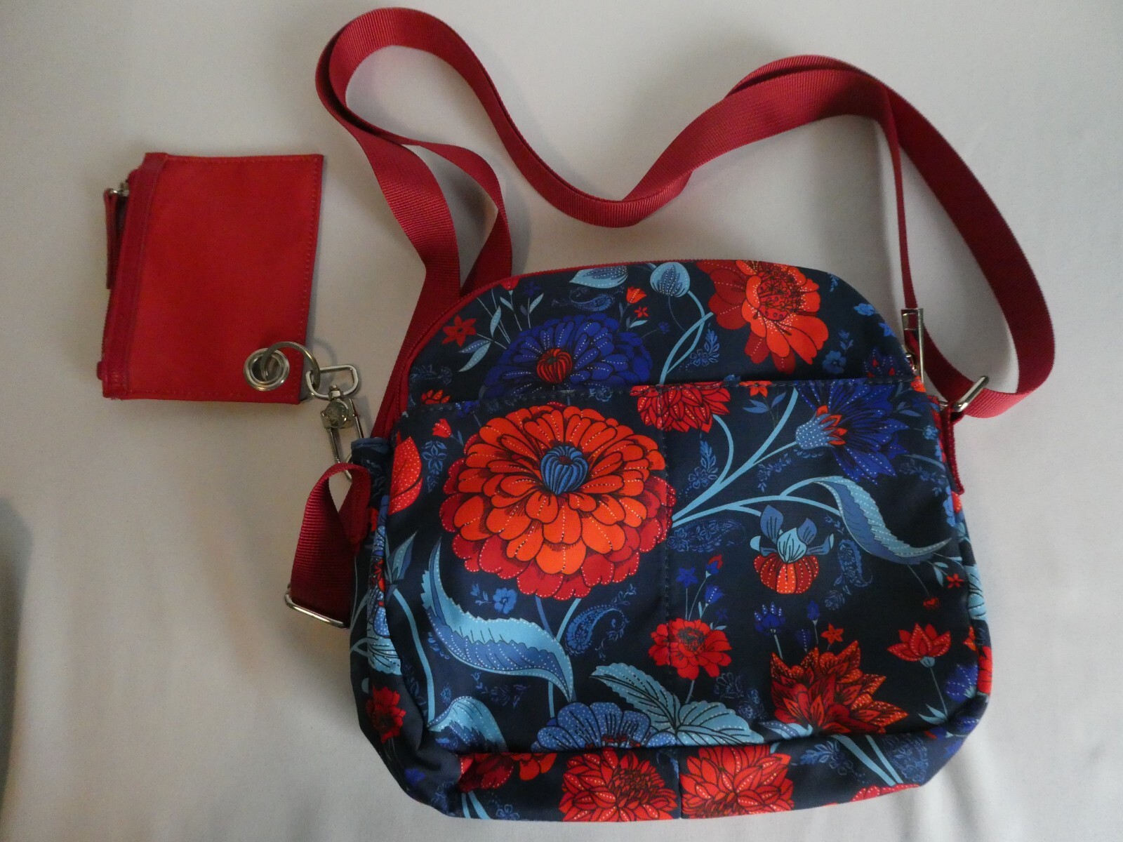 Sandra Brown Cross Body Purse Dark Blue & Red Floral Fabric Silver Metal NWT