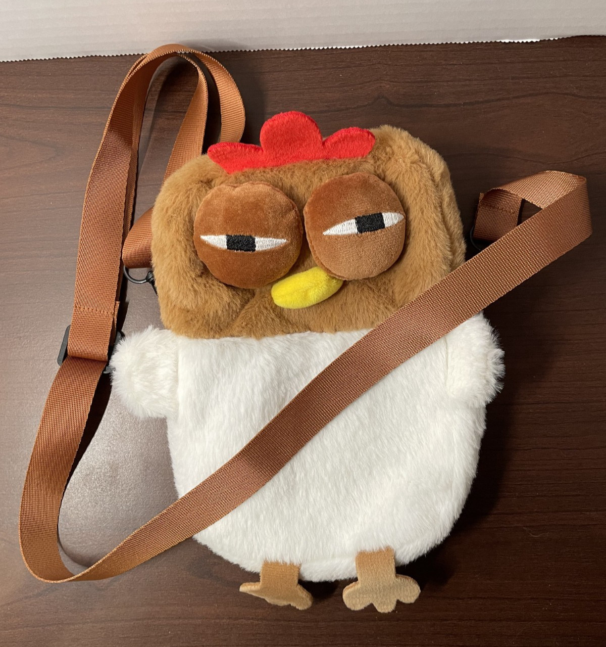 Plush Chicken Crossbody Purse Fuzzy Novelty Bag Adjustable Strap Brown White