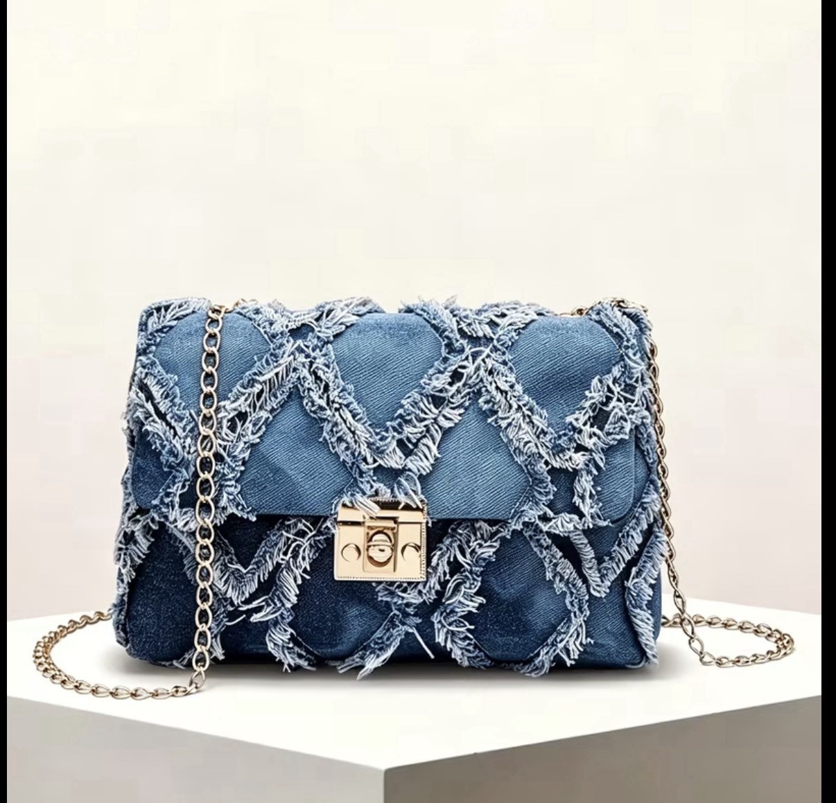 Blue Quilted Fringe Crossbody Bag Turn Lock Chain Strap Lined Gold Hardware