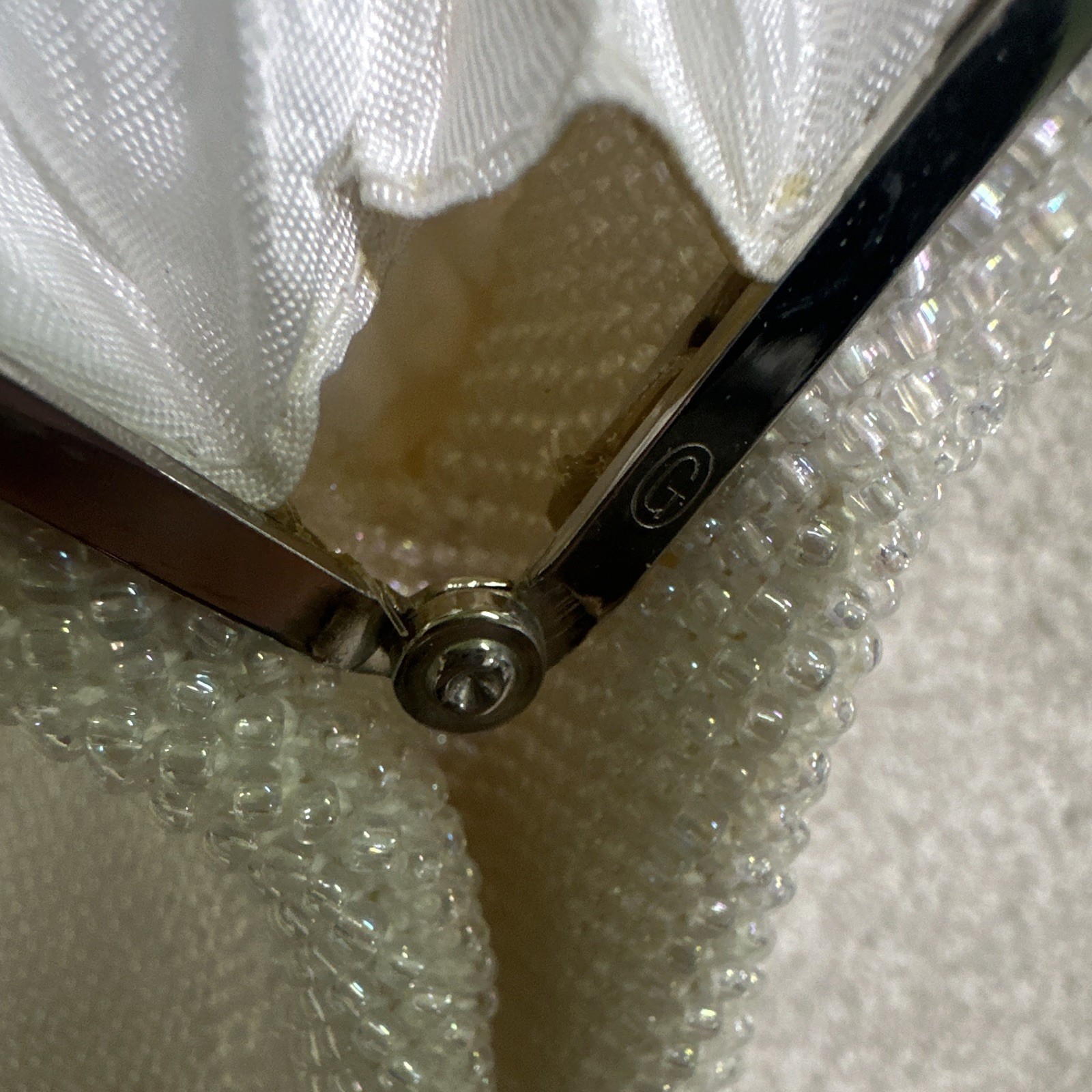 Vintage iridescent White Beaded Top Handle Evening Bag, Silver Tone Frame