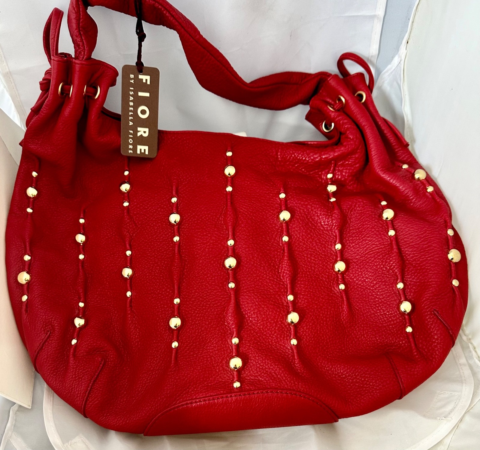 NEW ISABELLA FIORE Red Leather Gold Studded Hobo Handbag Purse