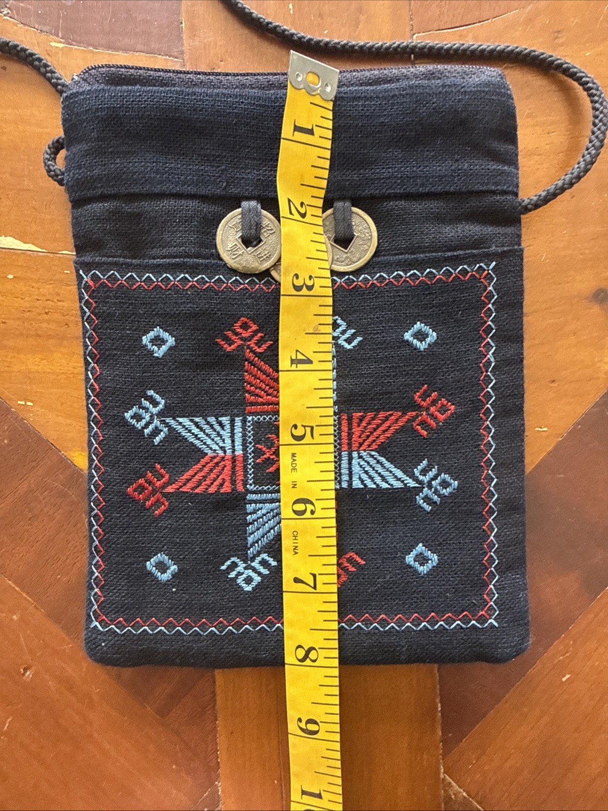 Embroidered Geometric Shoulder Bag Coin Accents Zip Closure Black Red Blue