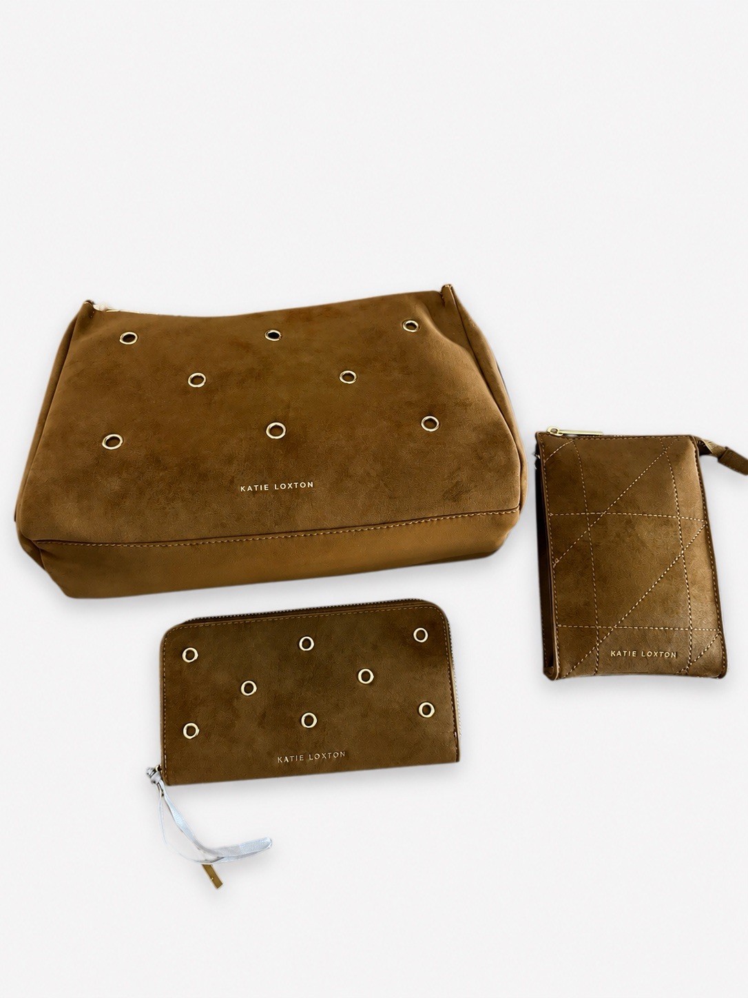 Katie Loxton Brown Medium Crossbody Bag, Cellphone Bag, and Matching Wallet