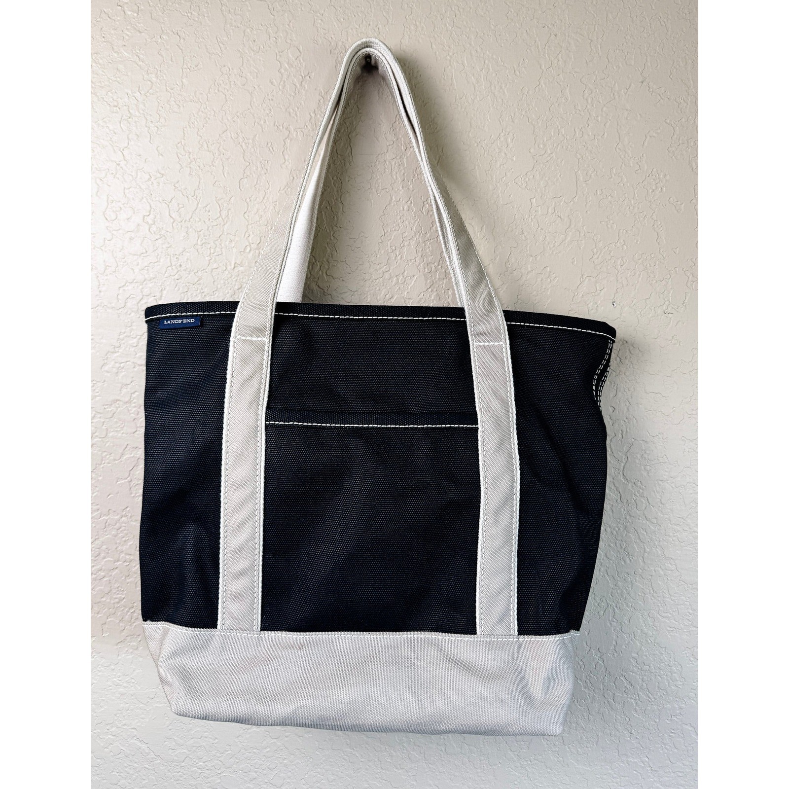 Lands’ End Zip Top Boat Tote Canvas Black Natural Large Travel Work Beach Bag