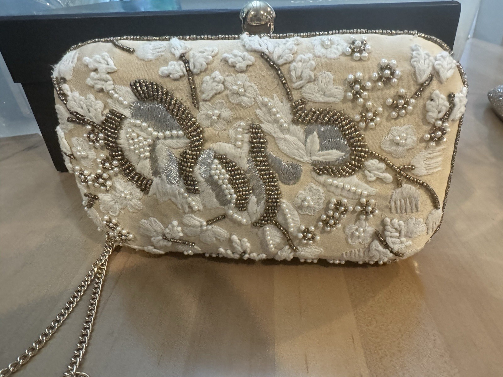 NEW Badgley Mischa “Jewel” Champagne Beaded Embroidered Formal Purse w Strap