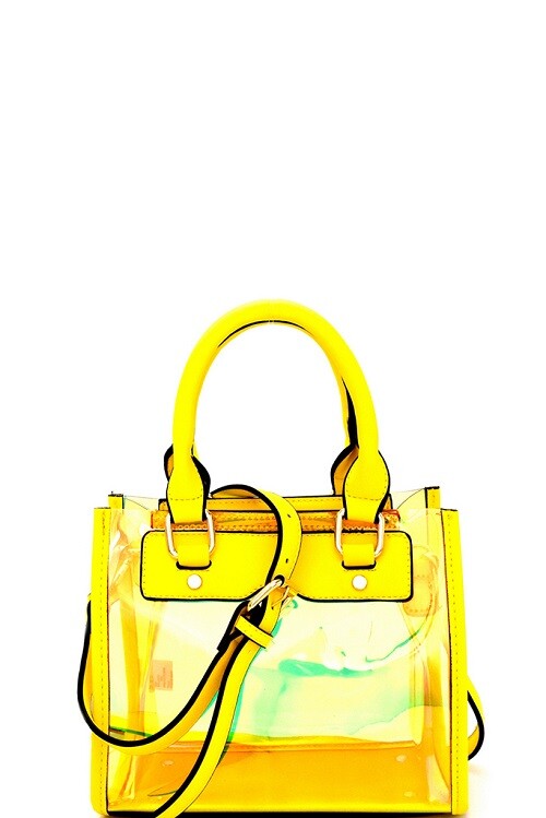 Hologram Clear Yellow Trim Structured Medium Satchel Adjustable Strap