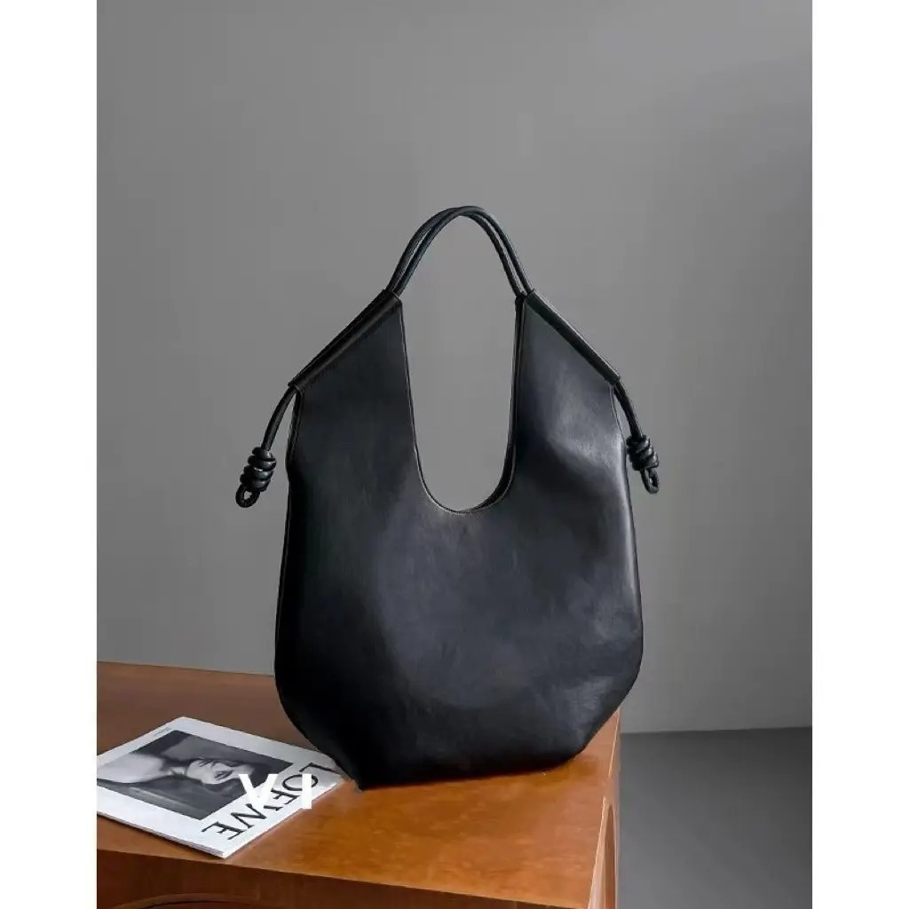 Minimalist Slouchy Leather Hobo Bag Sculptural Knotted Shoulder Tote Black