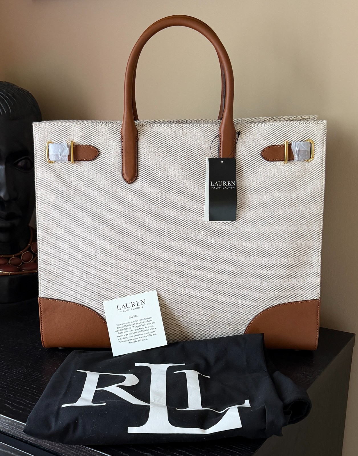 Lauren Ralph Lauren Women Vanilla Tan Devyn Canvas Extra-Large Tote Bag NWT