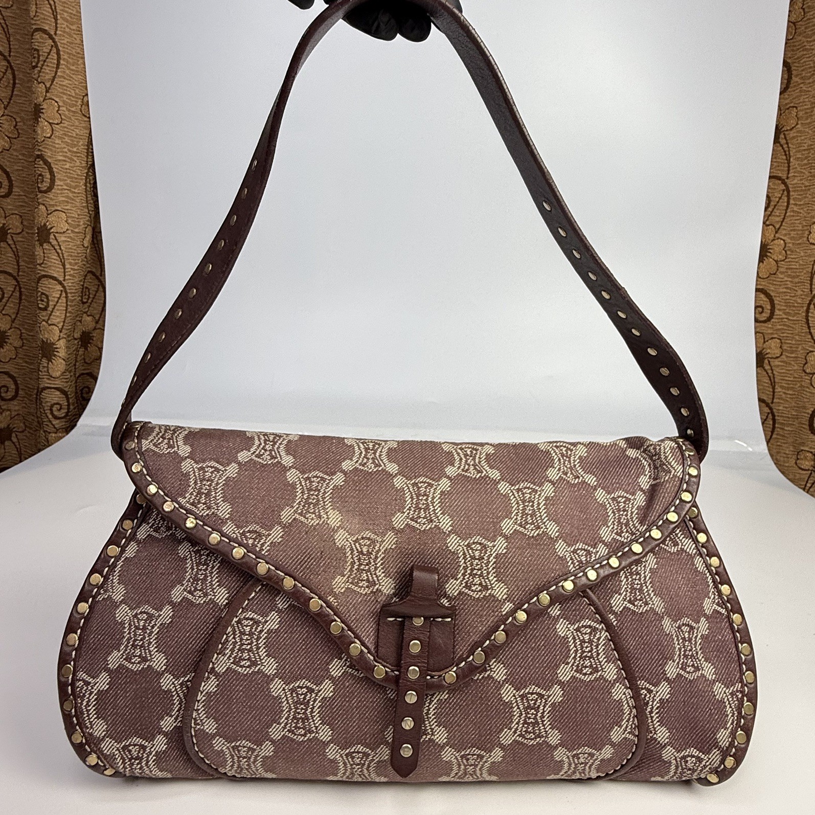 Celine Denim Triomphe Monogram Studded Poulbot Shoulder Bag in Burgundy Colour