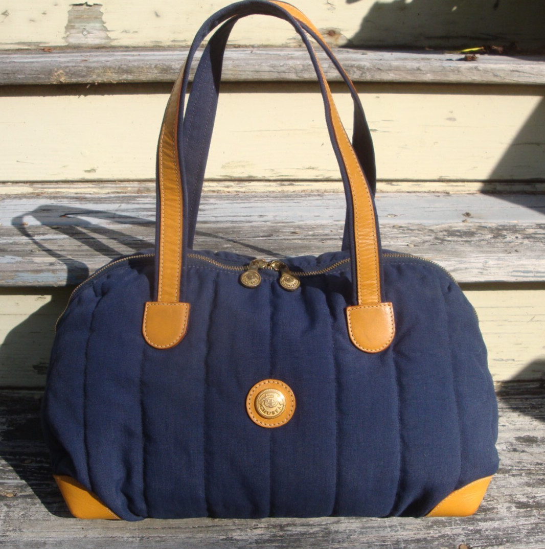 GHURKA Marley Hodgson Large Satchel Handbag Purse Fabric Leather Navy Blue Y2K