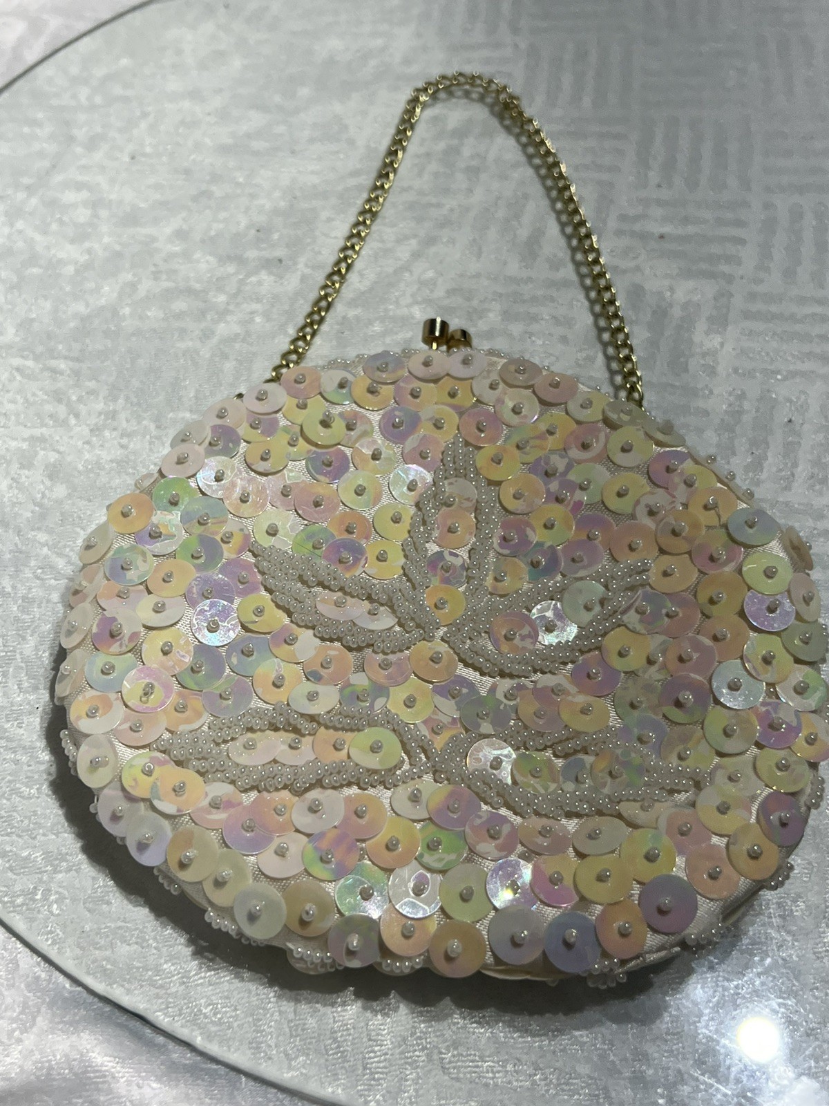 Vintage Faceted Teardrop Crystal Sequin White Bag Purse