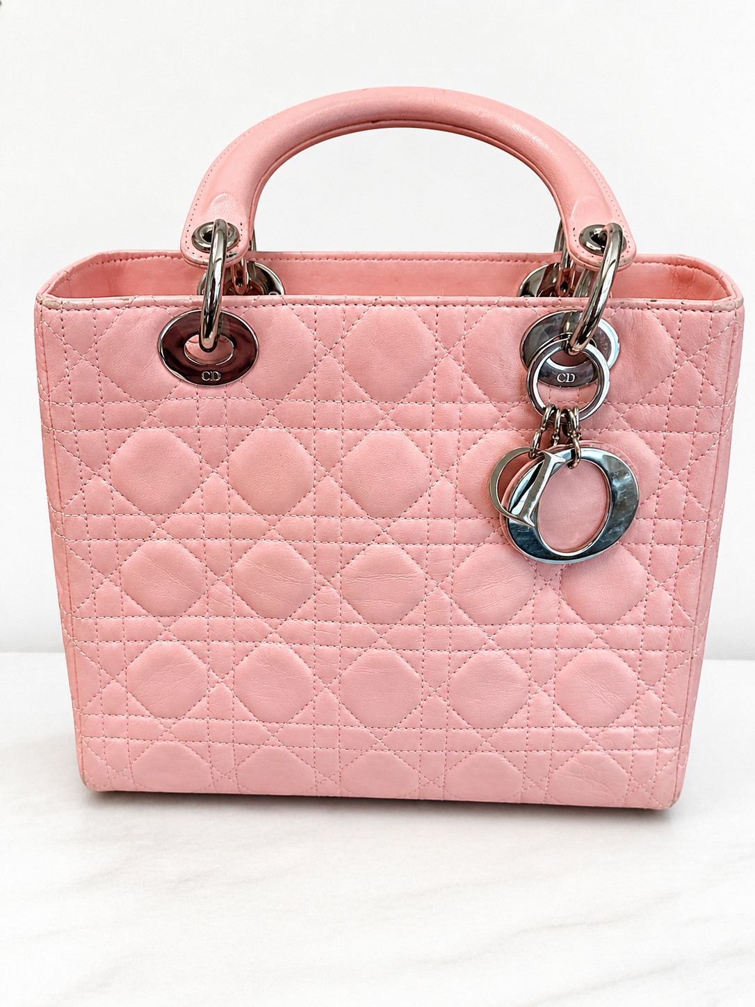 Christian Dior Lady Dior Medium Pink Cannage Lambskin Bag Silver HW Y2K Galliano