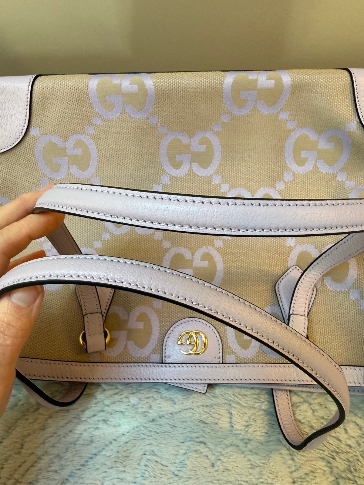 Gucci GG Logo Tote Beige/Purple Magnetic Closure, Organizer, Gold, Italy