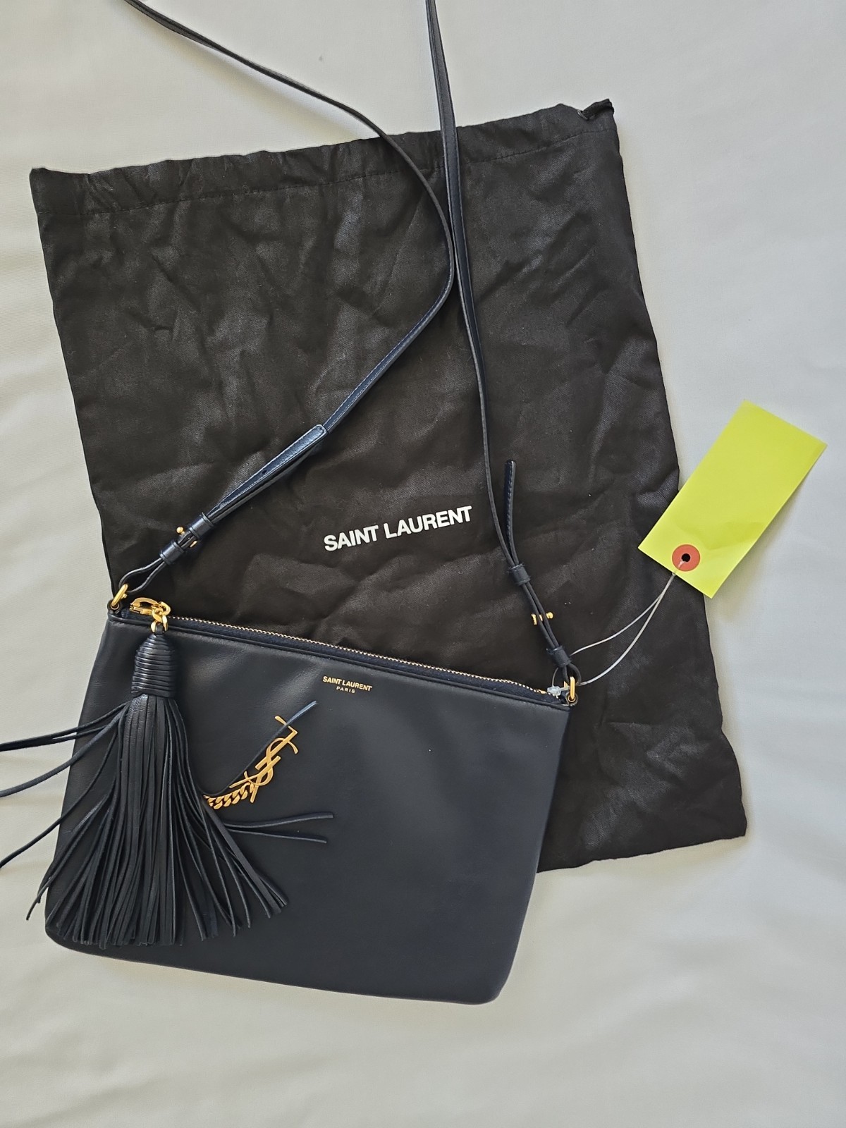 Authentic Saint Laurent Teen Monogram Crossbody Bag Navy Calfskin Leather Gold